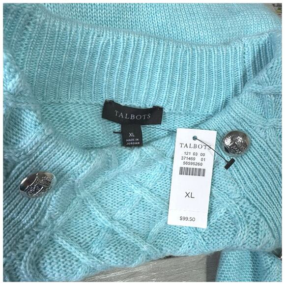 Talbots Women’s XL 16/18  Blue Cable Knit Mock Neck Sweater Silver Buttons - Picture 10 of 12
